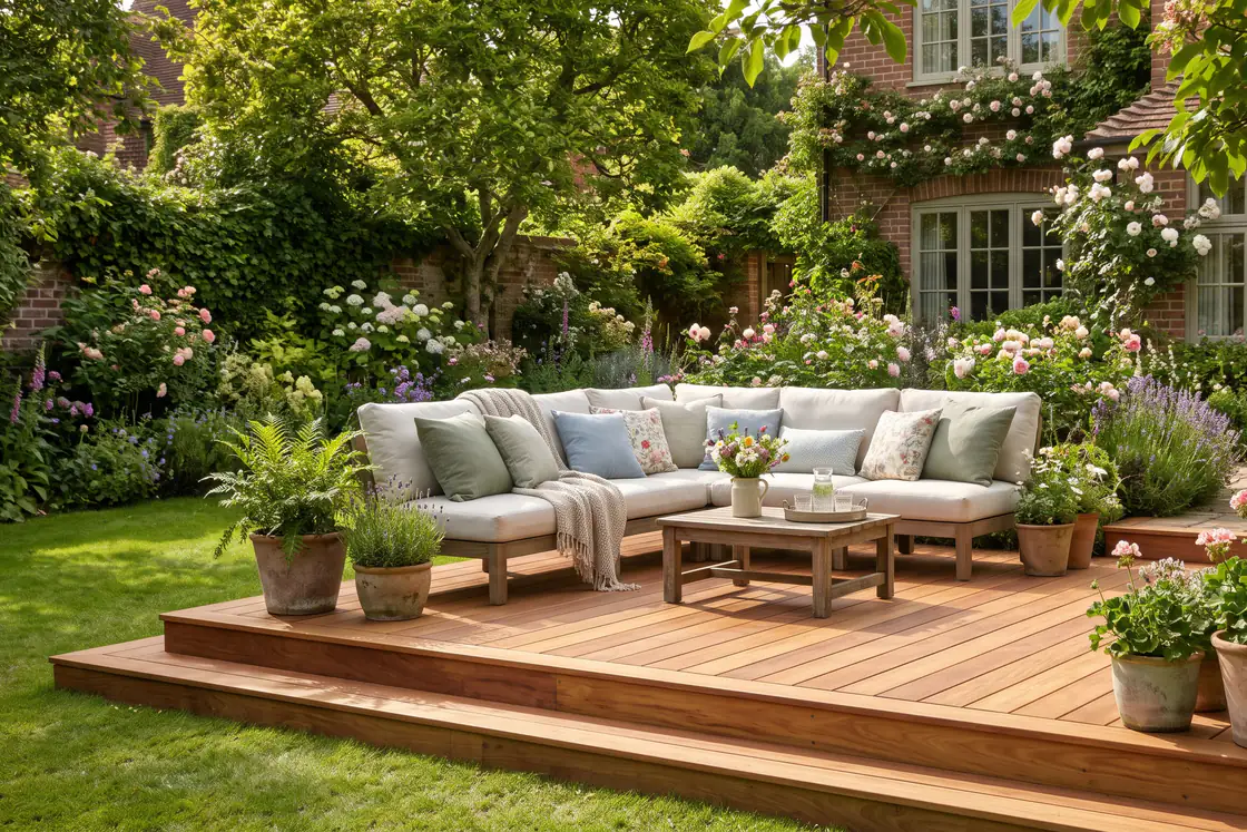 A raised timber deck with a corner sofa and a low table, beside a lawn and flowering borders.