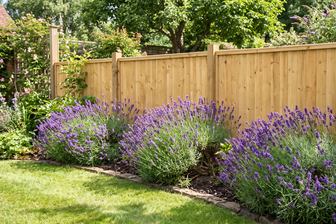 A new timber panel fence behind a border of lavender.