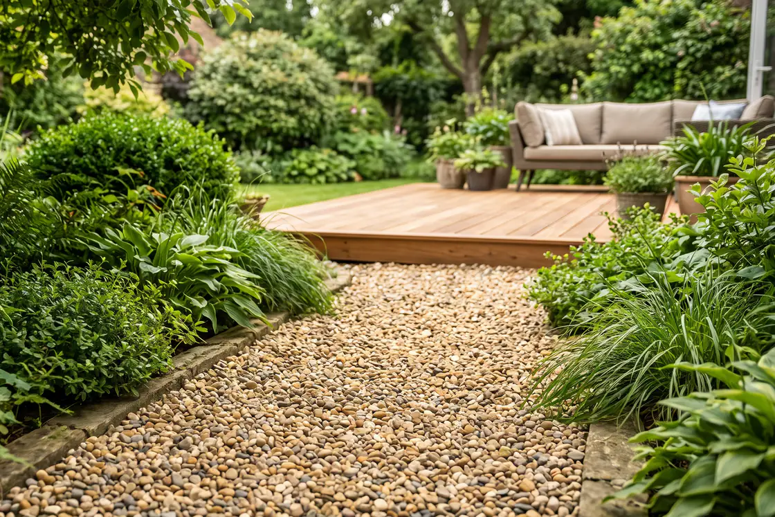 A path of rounded golden gravel between ferns and grasses, leading to a timber deck.