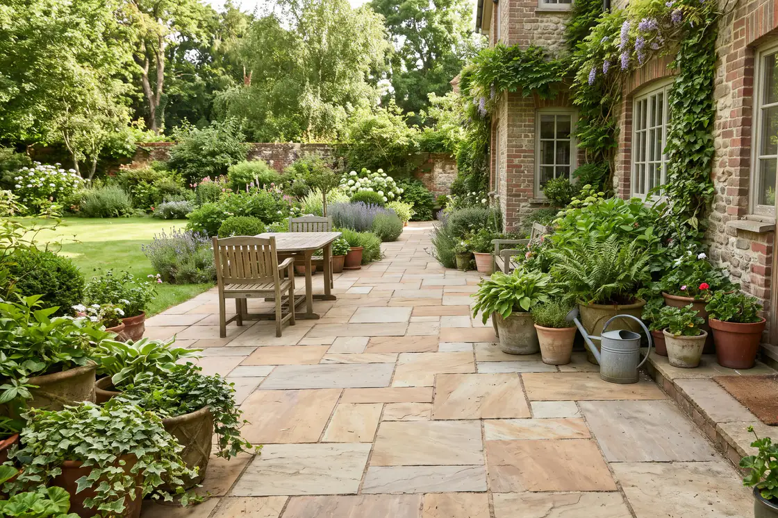 A sandstone patio beside a brick house, with pots of plants and a wooden table and chairs.