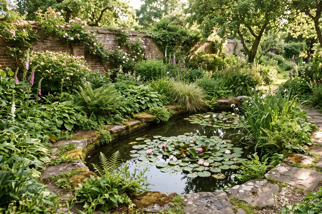 A garden pond with water lilies, edged with stone and ferns.