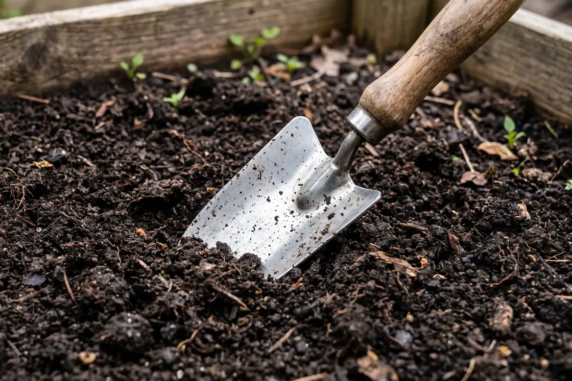 Dark crumbly soil in a timber raised bed, with a hand trowel.