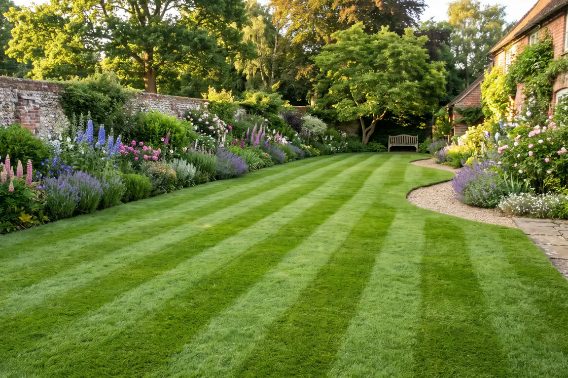 A freshly mown striped lawn beside long flowering borders.